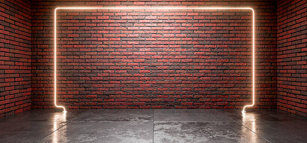 Basement, industrial background, red brick background. Loft interior. Industrial background with a brick wall for your product. Futuristic background. Hangar, garage, showroom, workshop. 3D render.