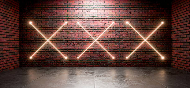 Futuristic background. Hangar, garage, showroom, workshop. Basement, industrial background, red brick background. Loft interior. Industrial background with a brick wall for your product. 3D render.