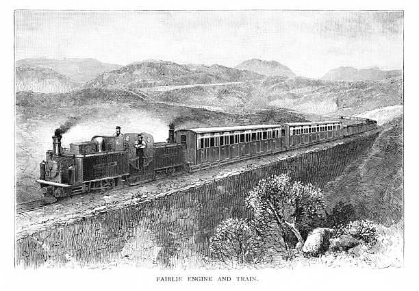 Steam locomotive and train build by Fairlie for the Ffestiniog Railway, Wales, UK. Illustration published 1879.  Original edition is from my own archives.  Copyright has expired and is in Public Domain.
