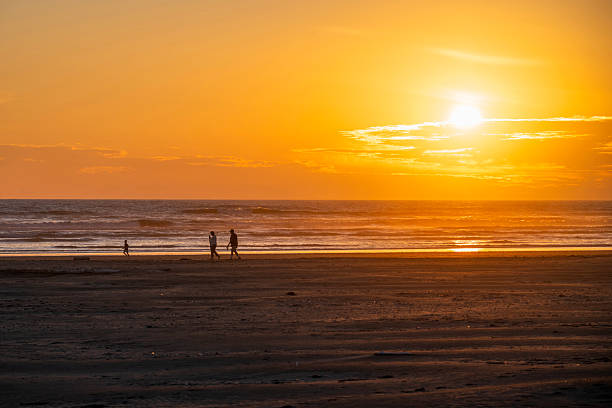 Moclips, USA - August 7, 2025. A family walking on beach at Sunset, Moclips, Washington, USA