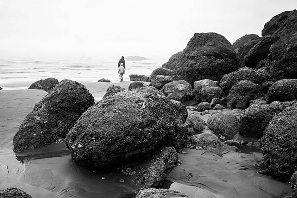 Forks, USA - August 7, 2025. Father and daughter walking on beach at Kalaloch Beach, Olympic National Park, Washington State, USA