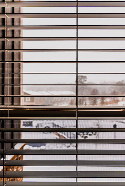 Looking through the blinds to discover the charming of the snow day.