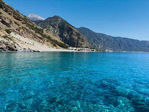 Crystal-clear turquoise sea with visible underwater patterns and a small coastal village beneath steep mountains in southern Crete (Agia Roumeli, Crete).