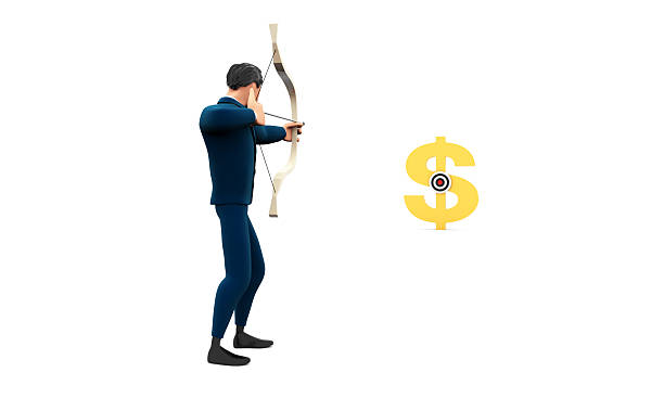 A business tycoon practices archery, pursuing success and money