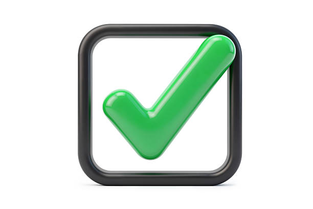 3d rendering of a green check mark inside a black square checkbox representing voting, approval, and task completion, isolated on a white background.