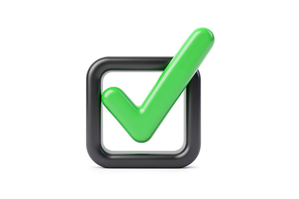 3d rendering of a green check mark inside a black square checkbox representing voting, approval, and task completion, isolated on a white background.
