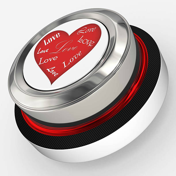 3d render. A sleek chrome circular button features a red heart filled with the word Love in white script, surrounded by a carbon fiber ring and red glow, suggesting romance, style, and modern design.