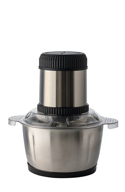 Professional studio shot of a powerful electric food chopper (mini processor) on a pure white seamless background. Features a durable stainless steel blending bowl, sharp S-shaped stainless steel blades, and a plastic motor body with pulse function.