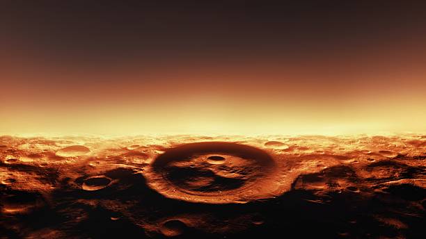 Large crater on Mars. Surface of the red desert planet. Details of the Martian terrain.