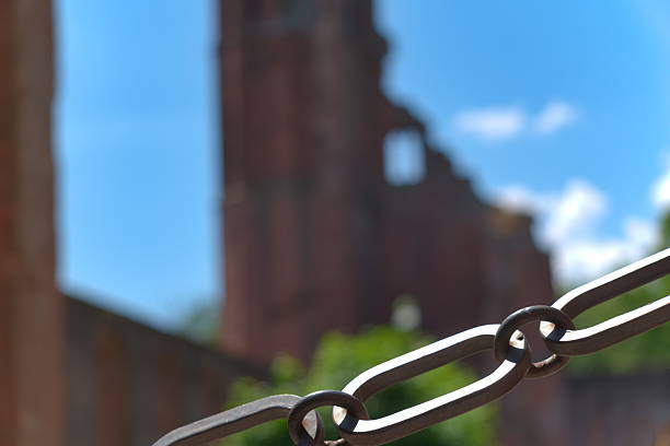 old chain with a church ruin in background