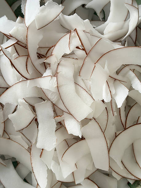 Image of grated dried coconut shavings with fresh coconuts, highlighting tropical exotic ingredients
