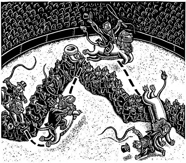 A circus scene in black and white, with a line of musicians parading across the circus ring. A lion tamer rides his lion, jumping across the marching band until he is ultimately eaten by the lion at the end. This illustrated stock market charts for investors to track signals in the market charts.