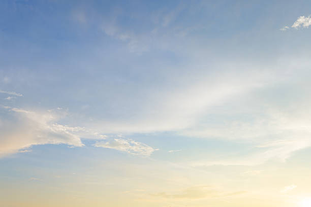 Panoramic view of dramatic evening sky during sunset. Vibrant orange light on the horizon blending with soft purple and blue tones. High resolution clouds texture, perfect for nature background, peaceful atmosphere, and inspirational concepts.