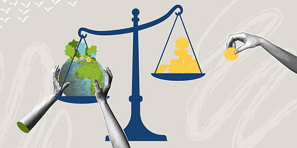 The balance of nature and economics. Trendy halftone collage. Ecology and environmental protection concept. Vector illustration.