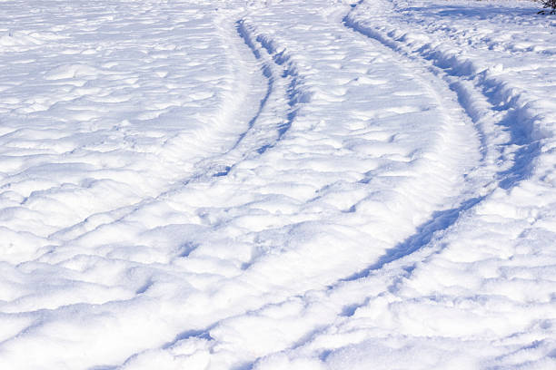 Car tire tracks in the snow. Winter background