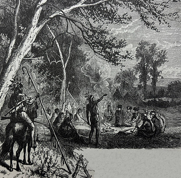 Antique illustration pre 1900 - military soldiers meet with Indigenous North Americans in a tree area