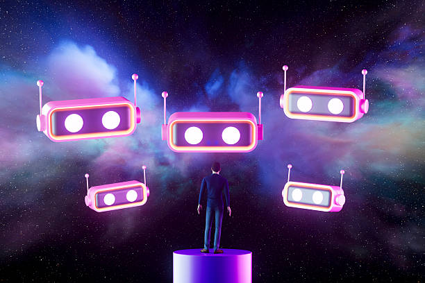 3D rendering of a human silhouette standing on a pedestal, looking at massive, glowing AI chatbots. The scene is set against a cinematic cosmic nebula background filled with stars and vibrant gas clouds. This visual represents the scale of artificial intelligence, human interaction with virtual assistants, and the future of digital communication. It highlights themes of advanced machine learning, deep space exploration of tech, cosmic-scale computing, and the relationship between humanity and sentient AI.