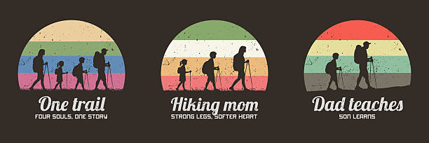 Family travel with trekking poles. 70s label set