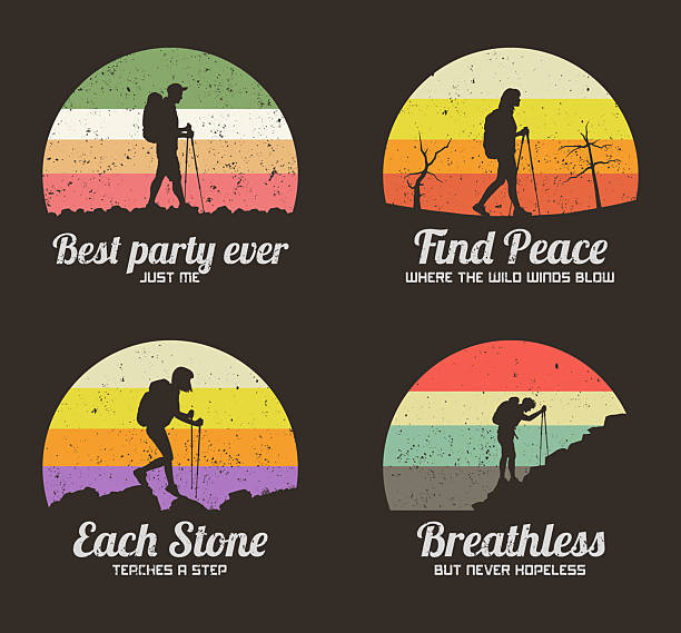 Hiking with trekking poles. Retro 70s label set
