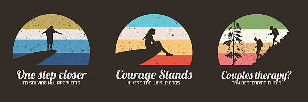 Couple at mountain range. 70s retro label set