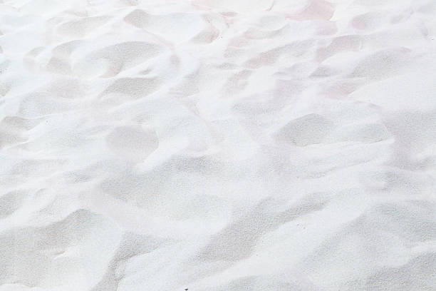 Soft white sand covers the beach area, with gentle patterns created by footsteps. The scene captures a sunny day with clear skies, inviting visitors to explore.