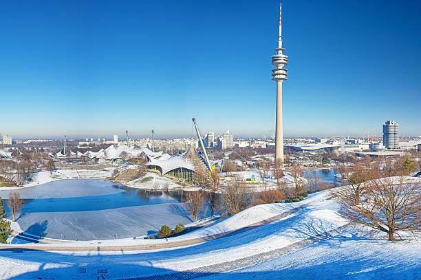 Panoramic view over the Olymic park (Olympiapark München) in Munich at winter, Germany