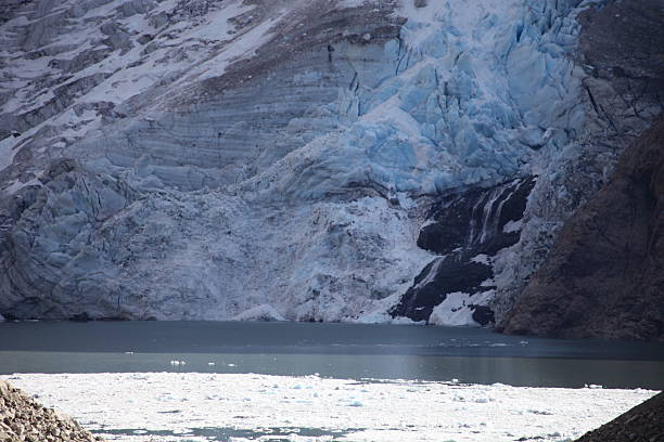 Close view of a Patagonian glacier with textured ice formations in El Chaltén, Los Glaciares National Park, Argentina.