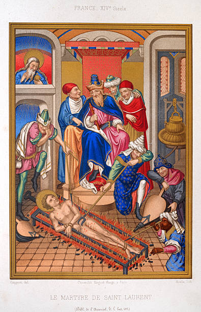 Medieval religious art history, Martyrdom of Saint Lawrence (Laurent), in AD 258 by being roasted alive on a gridiron on orders from Emperor Valerian, 14th Century French illustration