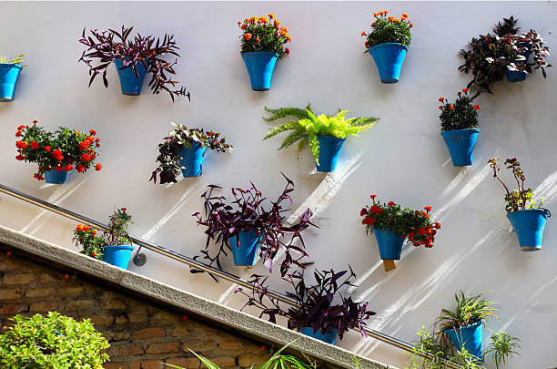 Blue flower pots with flowers arranged in a frontal view against a brick wall