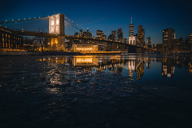 The Brooklyn Bridge and Manhattan, shot from Brooklyn during a bomb cyclone and single digit temperatures. Ice is seen in the East River.