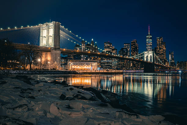 The Brooklyn Bridge and Manhattan, shot from Brooklyn during a bomb cyclone and single digit temperatures. Ice is seen in the East River.