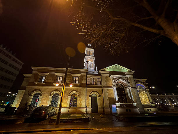 Budapest, Hungary December 11 2023: Building at night, illuminated by streetlights. Varkert Palota which used to be Varkert Casino before on August 13, 2013.