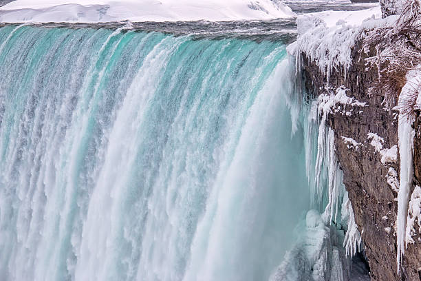 Horseshoe Falls of Niagara Falls is partially frozen in winter. View from Canada
