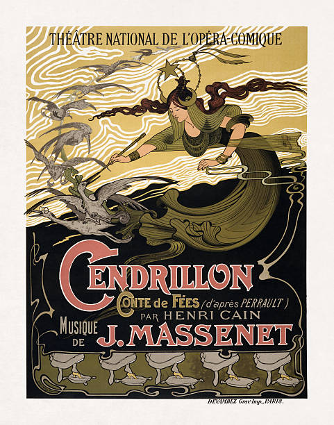 Art Nouveau color lithographic poster by Émile Bertrand for the opera Cendrillon by Jules Massenet to a French libretto by Henri Caïn based on Perrault's version of the Cinderella fairy tale.