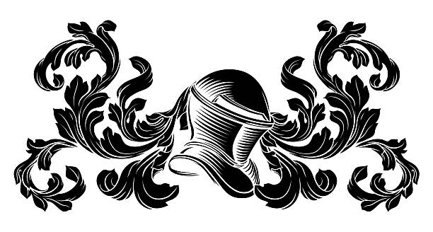 Coat of arms crest knight family medieval shield heraldry heraldic armorial motif. Featuring a knights helm helmet in a vintage etching engraving woodcut style
