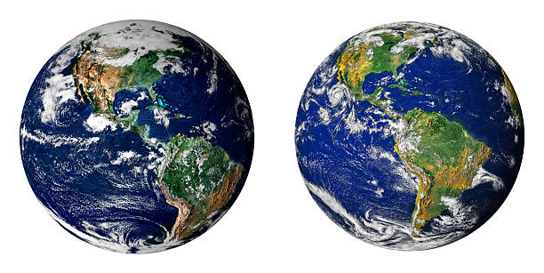 Earth globes isolated on white background. World map satellite view showing North and South America with cloud cover and atmosphere variations. Elements of this image furnished by NASA.