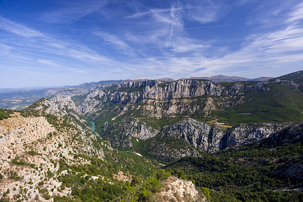 Verdon river winding through the deep canyon, surrounded by limestone cliffs and green vegetation