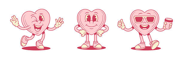 Happy pink heart cartoon character set positive personage contoured vector flat illustration. Smiling funky love like valentine minimalist mascot in sunglasses coffee take away greeting hi hello