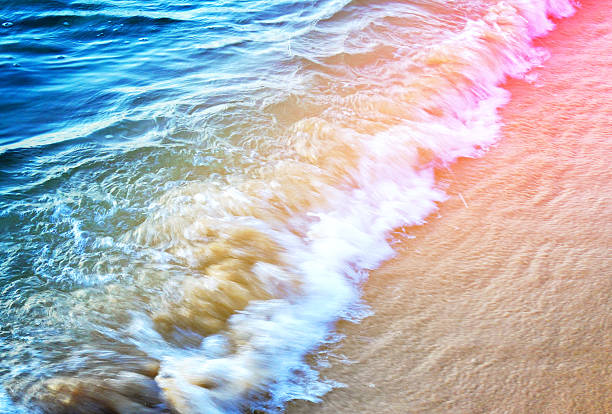 Waves at sea on dramatic sunset background. Sea waves at beach. Waves on sea in calm weather. Splashing Waves in ocean, background, texture. Ocean wave background. Seaside sand beach in tropical.
