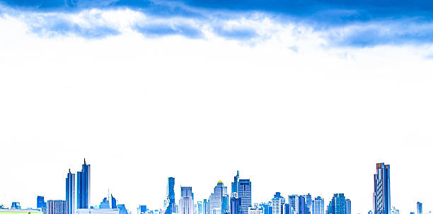 A panoramic view of a modern cityscape, likely Bangkok, featuring numerous skyscrapers and high-rise buildings set against a bright, cloudy sky.
