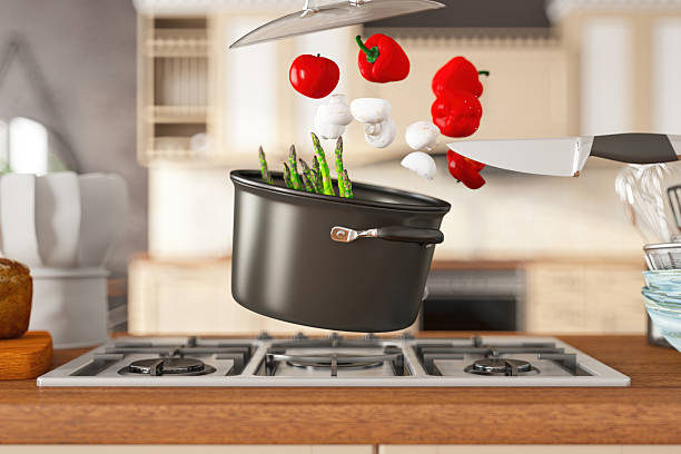Fresh Vegetables Falling into Cooking Pot in Modern Kitchen Interior. 3D Render