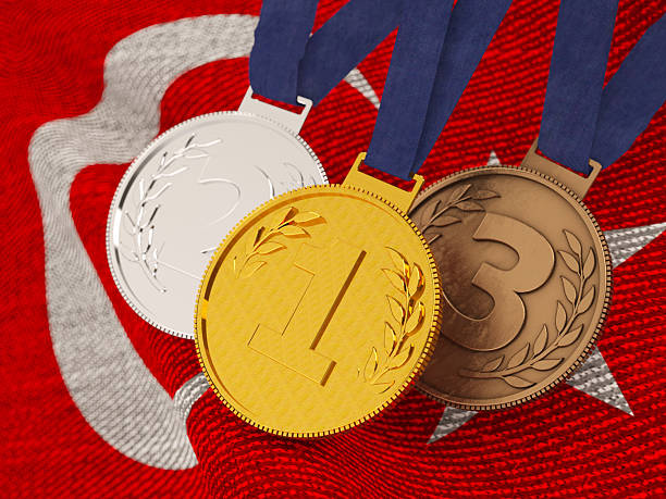Gold Silver and Bronze Medals on Turkish National Flag. 3D Render