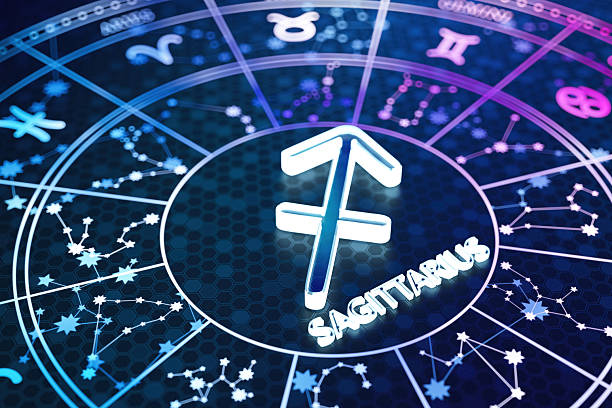 Sagittarius Zodiac Sign Icon on Glowing Blue Astrology Wheel. 3D Render