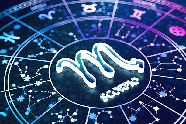 Scorpio Zodiac Sign Icon on Glowing Blue Astrology Wheel. 3D Render