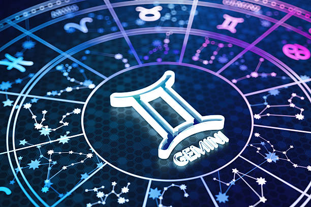 Gemini Zodiac Sign Icon on Glowing Blue Astrology Wheel. 3D Render