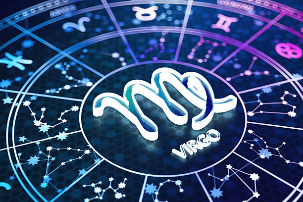 Virgo Zodiac Sign Icon on Glowing Blue Astrology Wheel. 3D Render