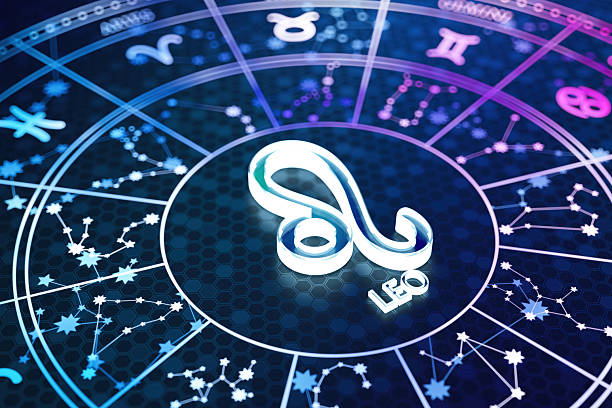 Leo Zodiac Sign Icon on Glowing Blue Astrology Wheel. 3D Render