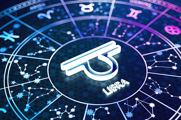 Libra Zodiac Sign Icon on Glowing Blue Astrology Wheel. 3D Render