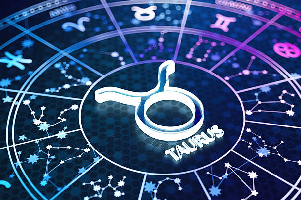 Taurus Zodiac Sign Icon on Glowing Blue Astrology Wheel. 3D Render