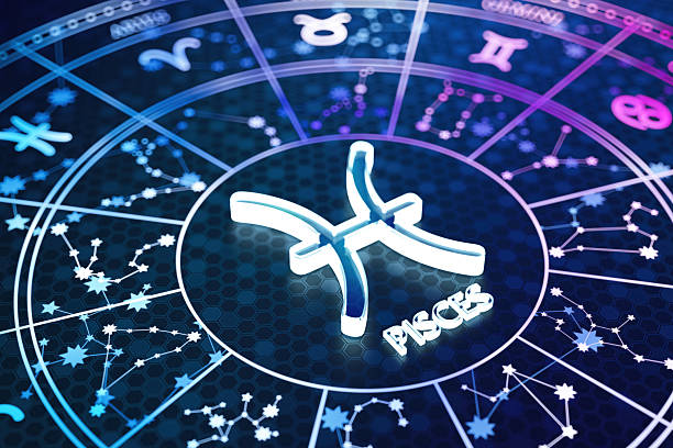 Pisces Zodiac Sign Icon on Glowing Blue Astrology Wheel. 3D Render